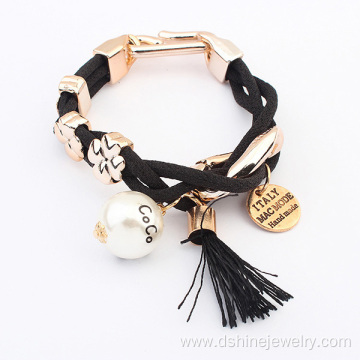 Gold Charm Mesh Rope Wrap Tassel Bracelet With Pearl Pendant